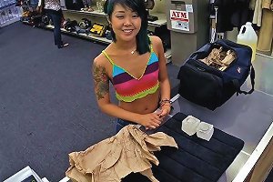 Petite Asian Chick Walks In And Sells Her Stuff And Tight Pussy